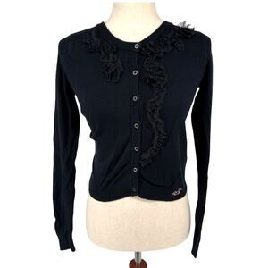 VTG y2k Women's Blue Floral Hollister Ruffle Long Sleeve Cardigan Sweater Sz S